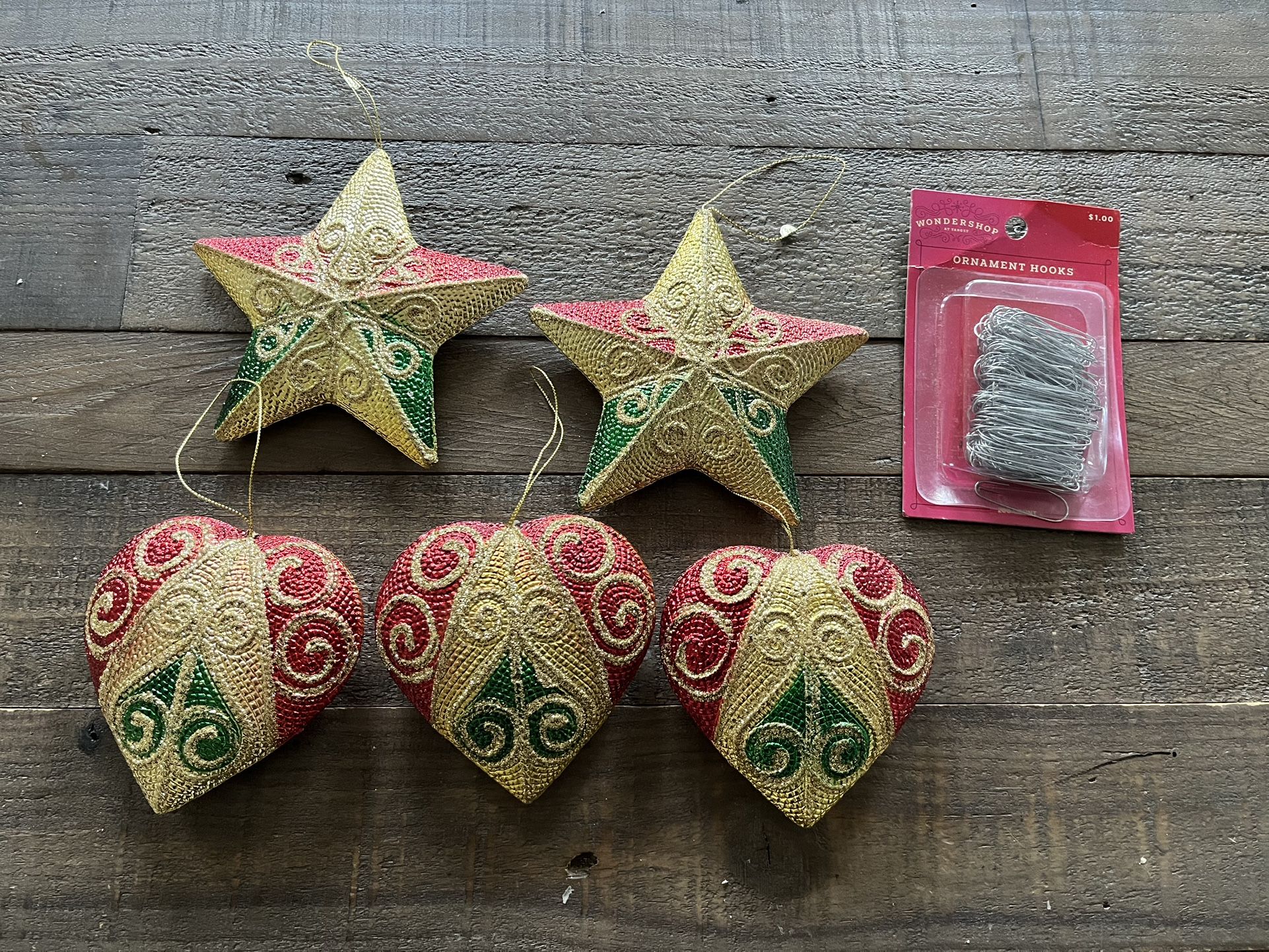 5 Large Ornaments 4” & Hooks(New)