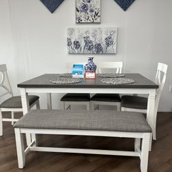 Gray Dining Table & Bench 