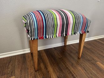 Multicolor Fabric Upholstered Ottoman Blanket Striped Wooden Bench Stool
