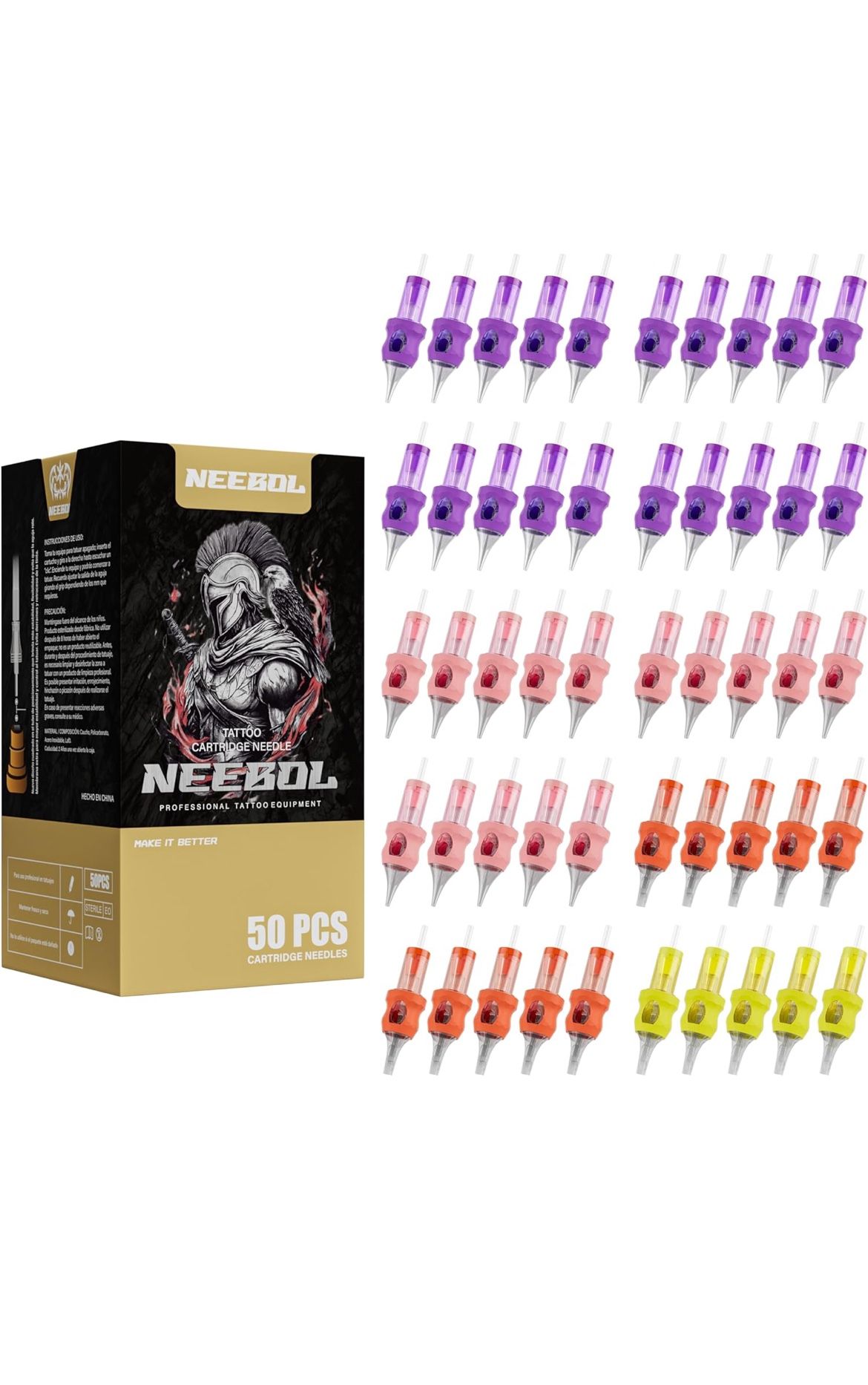 50pcs Neebol Tattoo Cartridge Needles Disposable Assorted Mixed Sizes Tattoo Needles #12 Standard Round Liner Shader Magnum for Tattoo Pen Machine Per