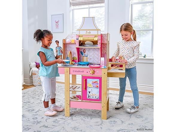 KidKraft Cook with Barbie™ Wooden Play Kitchen with Lights, Sounds, Water-Reveal Food and 30 Accessories