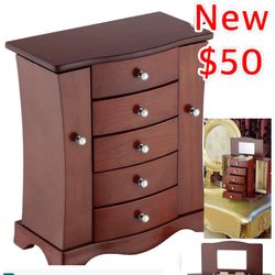 New RICH DESIGN Jewelry Box - Made of Solid Wood with Tower Style 4 Drawers Organizer and 2 Separated Open Doors on 2 Sides and Large Mirror Brown$50