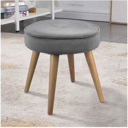 Ottoman Stool Velvet Side Table Seat with Wooden Legs (Gray)