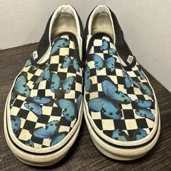 Used But Well Worn Vans Shoes Slip Ons Checkered With Blue Butterflies Women’s 8.5 / Men’s 7