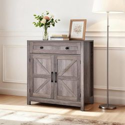 Buffet Cabinet, Farmhouse Sideboard Cabinet with Drawer, 30" Coffee Bar Cabinet with Adjustable Shelves & 2 Barn Door, Sideboard Buffet Station for Li