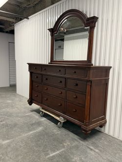 Dark Wood Dresser with Arched Mirror