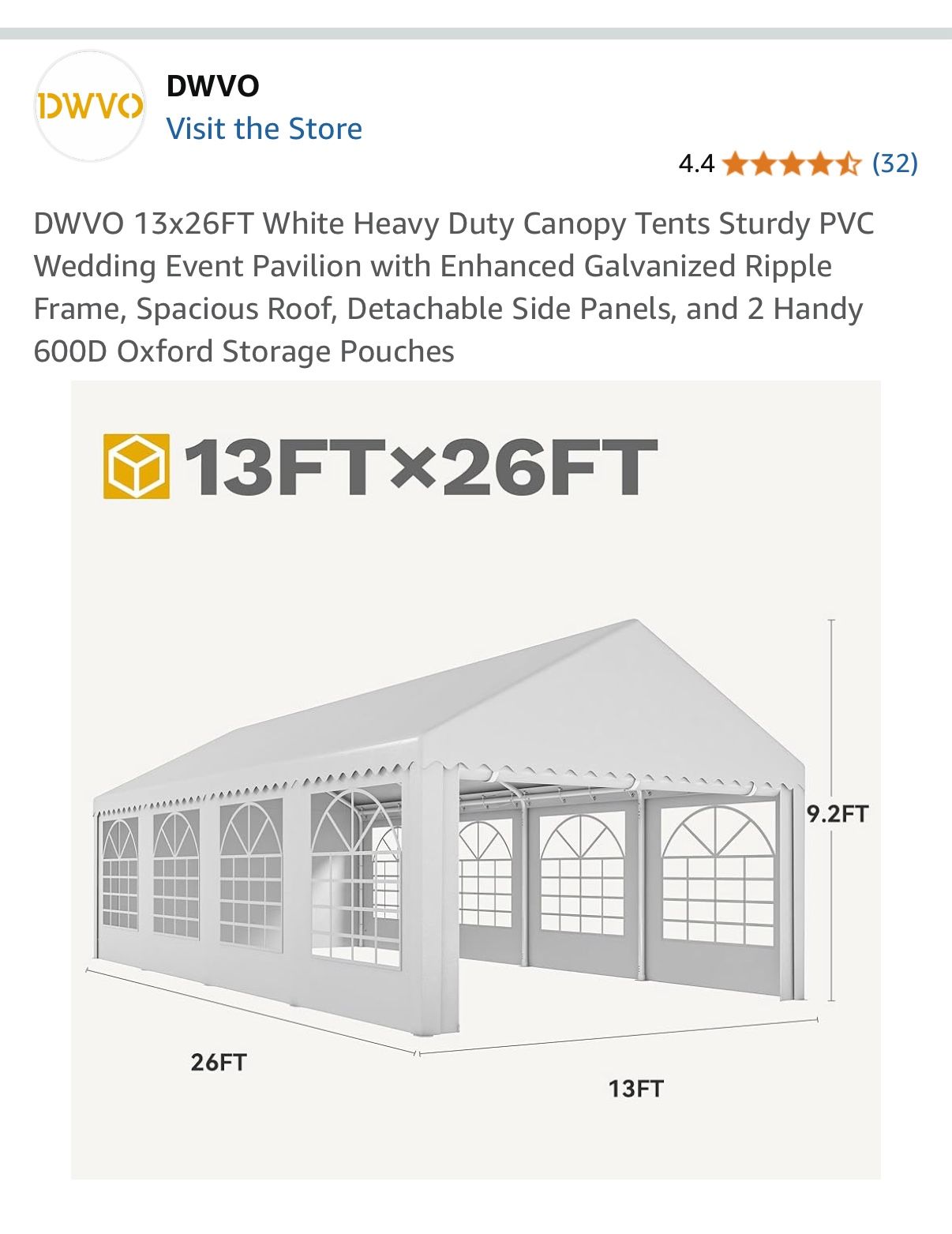 DWVO 13x26FT White Heavy Duty Canopy Tents Sturdy PVC Wedding Event Pavilion with Enhanced Galvanized Ripple Frame, Spacious Roof, Detachable Side Pan