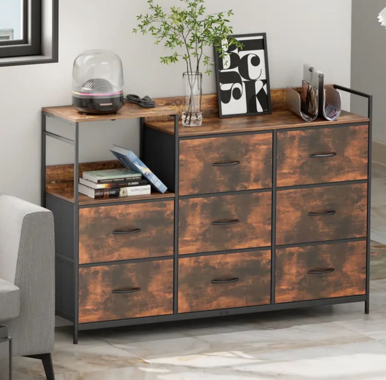 8 Drawer Dresser w/ Charging Station Storage Clothes Organizer Bedroom Living Room Entryway Brown