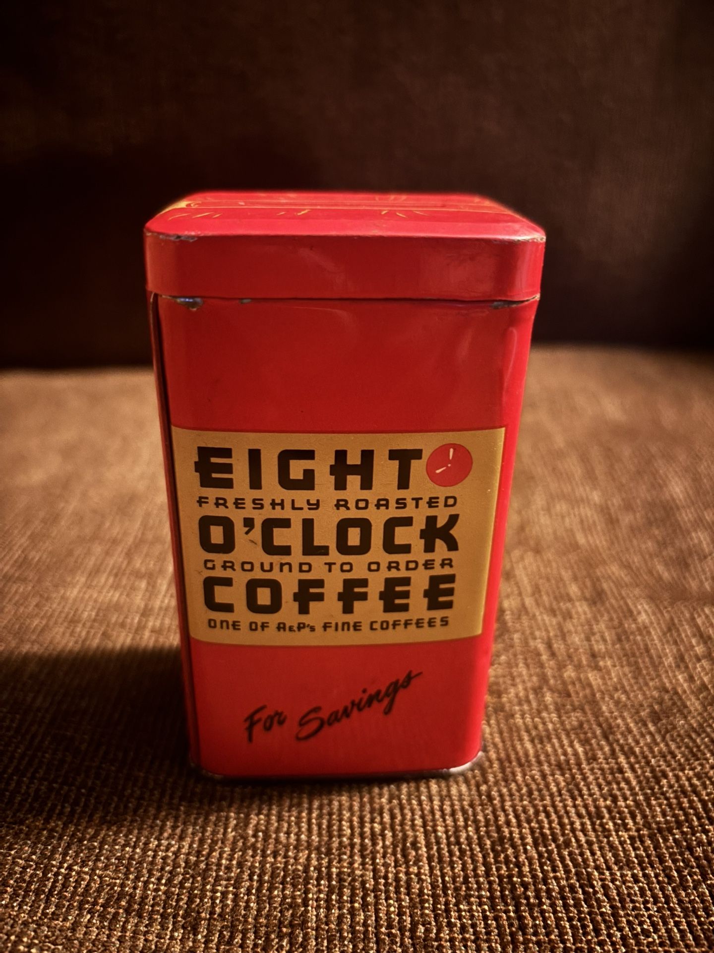 Vintage Eight O'Clock Coffee Tin Bank 3 7/8 Inch High