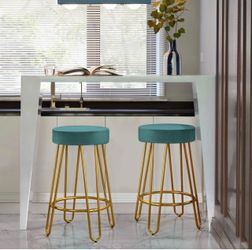 Round Kitchen Counter Stool Home Bar Height Stools with Golden Hairpin Legs Upholstered Velvet Seat for Kitchen/Dining Room Peacock Blue, Set of 2
