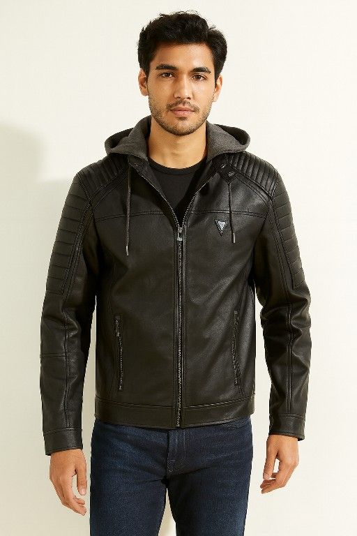Guess Black Quilted Leather Bomber Jacket with Hood