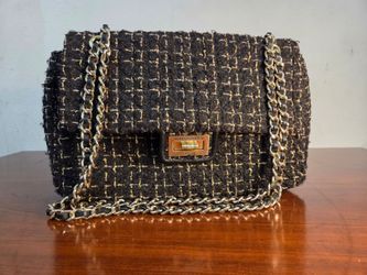 Karl Lagerfeld Paris Black & Gold Tweed Chain Shoulder Bag