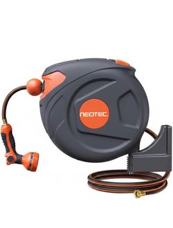 Retractable Garden Hose Reel 1/2 inch x 65 ft Any Length Lock 9 Pattern Nozzle Wall-Mounted Automatic Slow Return 180° Swivel UV Resistant Heavy Duty 