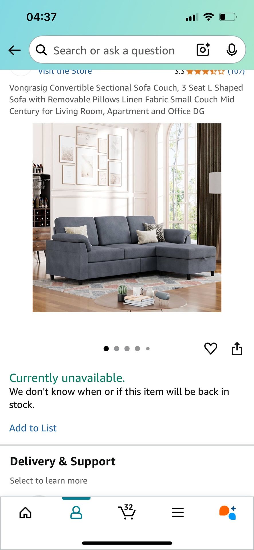 Vongrasig Convertible Sectional Sofa Couch, 3 Seat L Shaped Sofa with Removable Pillows Linen Fabric Small Couch Mid