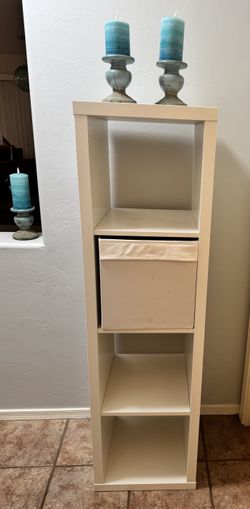 4 Cube 57.75" Tall White Cubicle Bookshelf w/ Open Back Storage Organizer w/ Fabric Basket