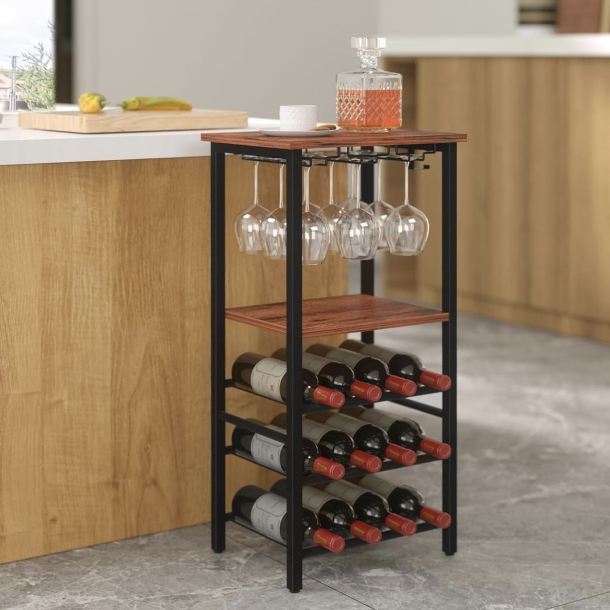 Freestanding Wine Racks 12 Bottles Wine Bar Rack with Glass Holders
