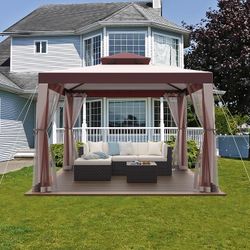 10’x10’ Patio Gazebo Canopy Tent w/Removable Netting, Red Outdoor Shelter, Ventilated Double-tier Top, Drainage Hole Design, Suitable for Garden, Back