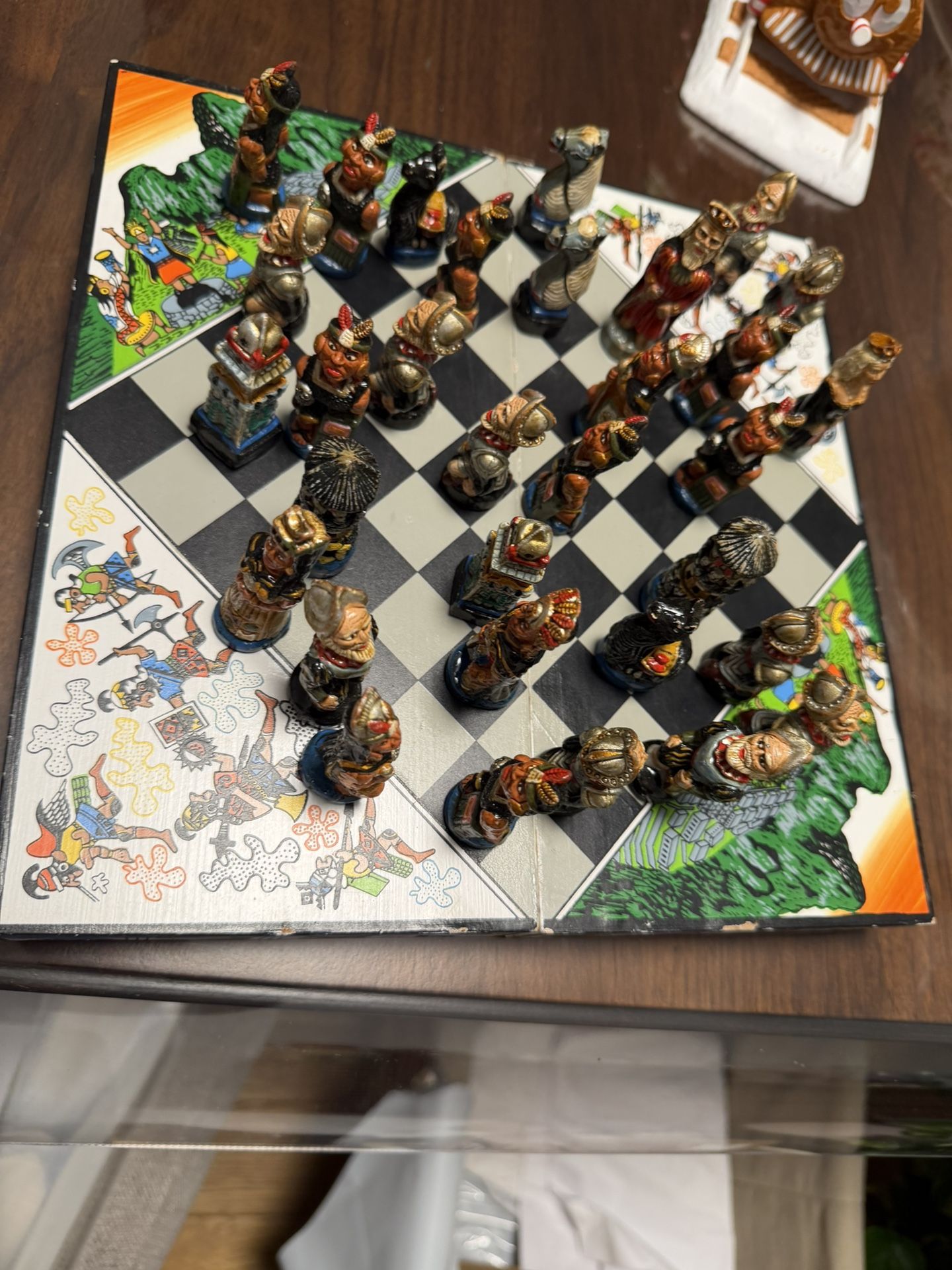 Handcrafted Wooden Peruvian Chess Set Portable Aztecs Mayans Incas vs Spanish