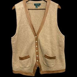 Vintage Lauren Ralph Lauren Cashmere Wool Sweater Vest Leather Trimmed XXL