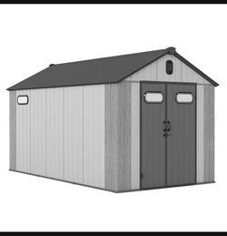 8x14Ft Resin Outdoor Storage Shed, Plastic Garden Shed with Carpet, Outside Weatherproof Storage Building for Tools, Bike, Lawn Mower, Patio, Backyard