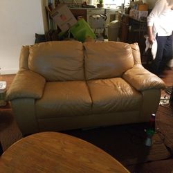 2 Light Carmel Leather Sofas & Matching Oversized Chair