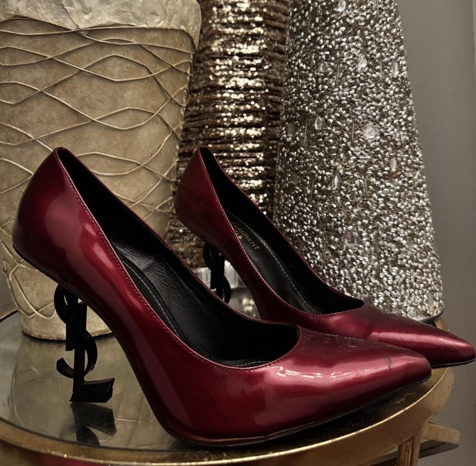 Saint Laurent Burgundy Patent Logo Heels