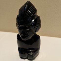 Vintage Black Obsidian Gold Sheen Hand Carved Aztec Mayan Figurine 5" Tall