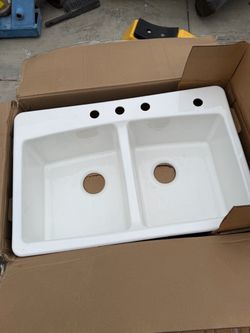 New Kohler Brookfield Double Top Mount Cast Iron Kitchen Sink White