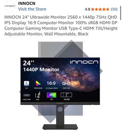 INNOCN 24" Ultrawide Monitor 2560 x 1440p 75Hz QHD IPS Display 16:9 Computer Monitor 100% sRGB HDMI DP Computer Gaming Monitor USB Type-C HDMI Tilt/He