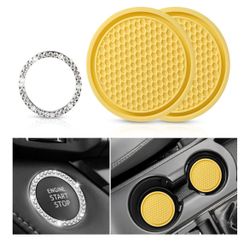 2 Car Cup Holder Coaster with 1 Push Start Button Bling [3Pcs], Bling Crystal Rhinestone Car Interior Accessories for Women (yellow)…