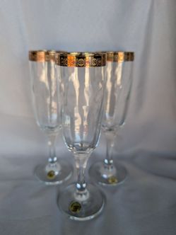 Italian 24 Karat Gold Rim Crystal Champagne Flutes, Set of 6, Cristal Oro CKO 24, Hand Made in Italy, New