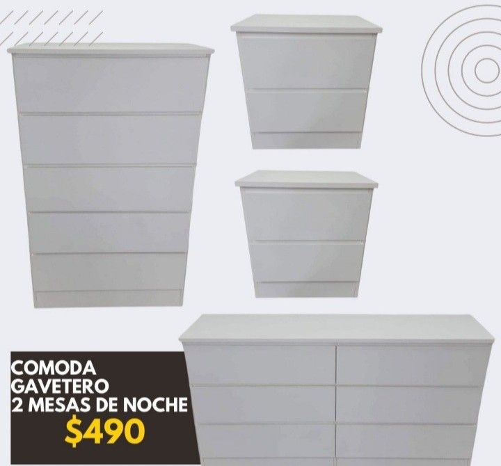 Dresser Chest And Two Nightstands// Cómoda Gavetero Y Dos Mesitas