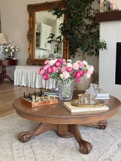 48” Solid Oak Round Coffee Table | Refinished | Claw Foot Pedestal