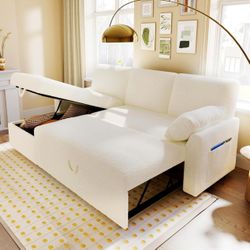 Sleeper Sofa, Sofa Bed- 2 in 1 Pull Out Couch Bed with Storage Chaise for Living Room, Sofa Sleeper with Pull Out Bed, White Boucle Couch