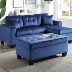 blue sectional and ottoman