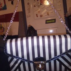 Henri Bendel Black Striped Satin & Leather Handbag W/Chain Strap