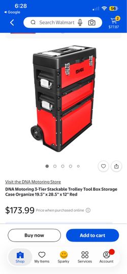 DNA Motoring 3-Tier Stackable Trolley Tool Box Storage Case Organize 19.5" × 28.5" × 12" Red