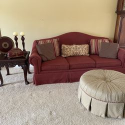 Sofa with pillows, End Table, Ottoman and Decor. Couch