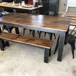 6 Ft Distressed Table With Bench & 4 Metal Chairs
