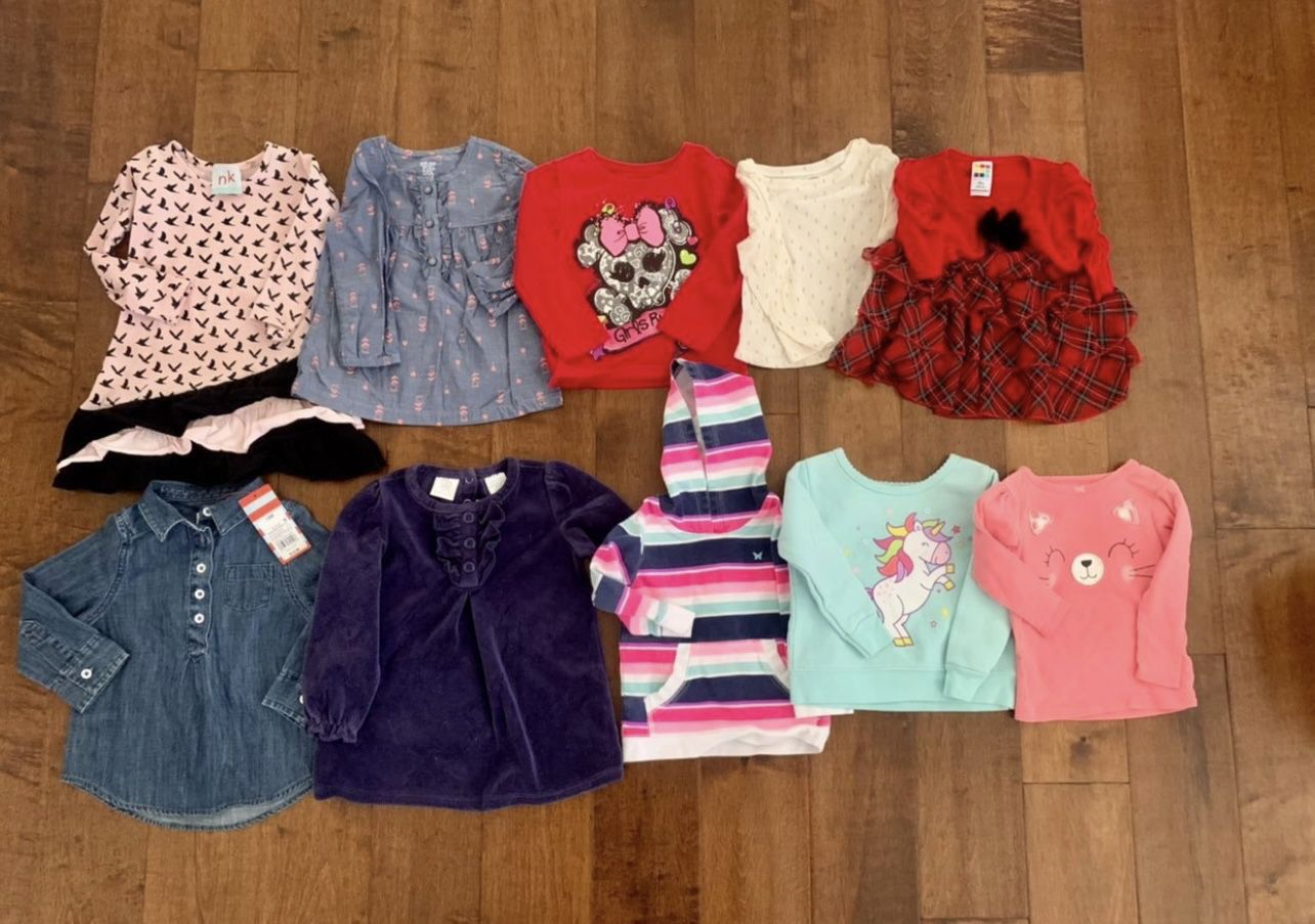 Baby girl 10 piece top shirt lot size 18 months  10 piece baby girl clothes lot of long sleeve tops shirts, zip up hoodie sweater,  one dress that can