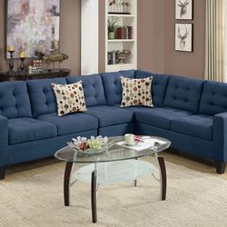 NAVY BLUE POLYFIBER LINEN
 BLEND CORNER SECTIONAL SOFA TUFTED ACCENTS COUCH - SILLON SECCIONAL