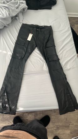 Black Leather Cargo Stacked Flare Pants with Tags