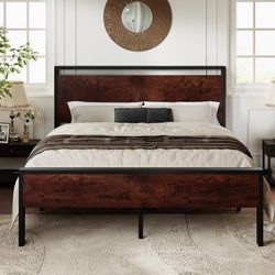 14 Inch Queen Size Metal Platform Bed Frame with Wooden Headboard and Footboard, Mattress Foundation, No Box Spring Needed, Large Under Bed Storage, N