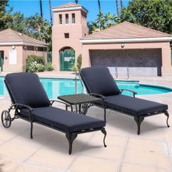 Chaise Lounge Chair Outdoor - Pool Lounge Chairs Set of 2 with Cushion and 1 Outdoor Side Table Cast Aluminum Waterproof Lounger with Wheels and Adjus