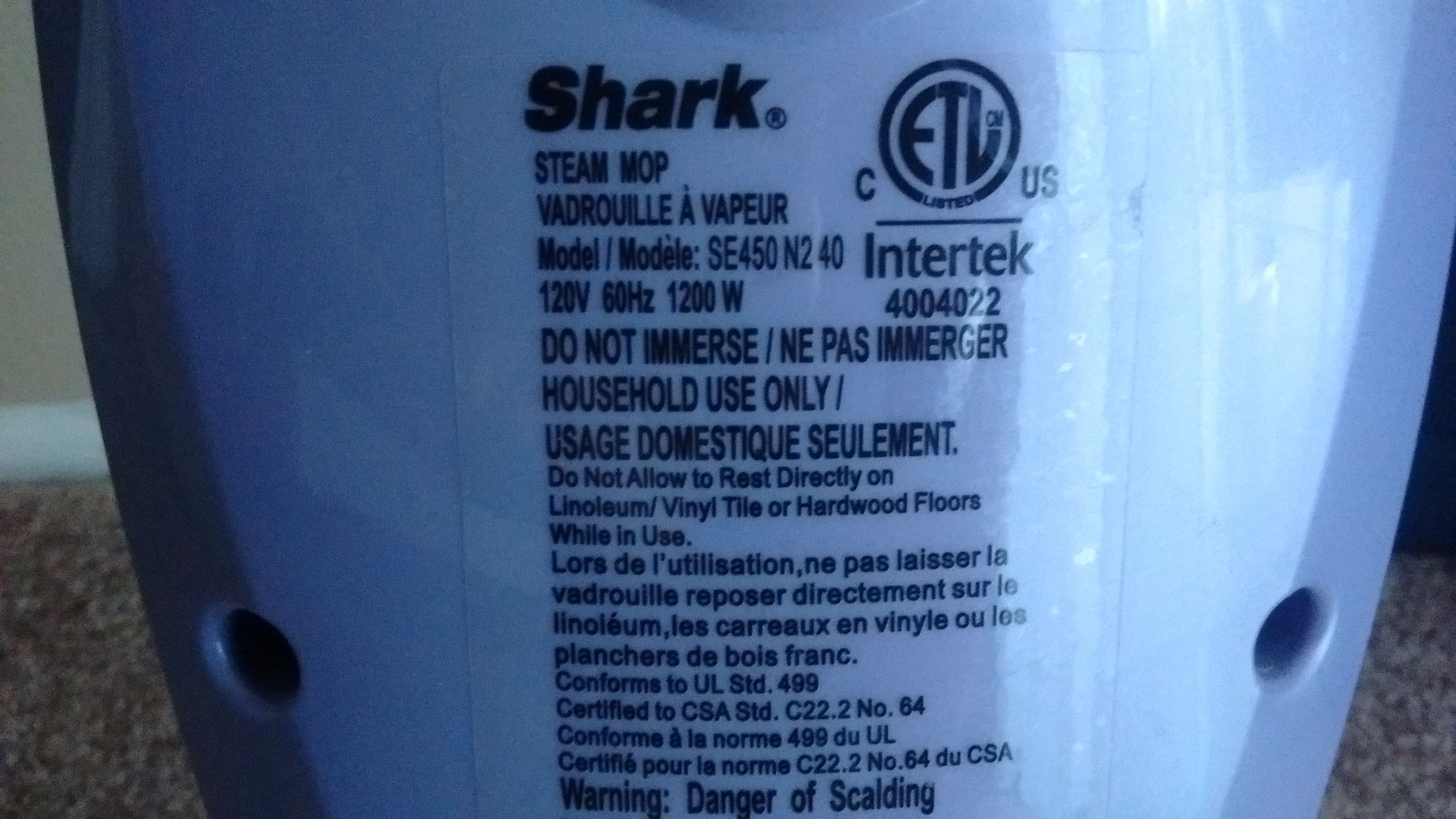 Shark Professional Electronic Steam Corded Pocket Mop SE450