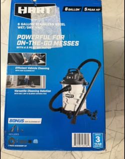 Hart 6-Gallon Stainless Steel Wet/Dry Vacuum, 5 Peak HP Motor, On-Board Storage,