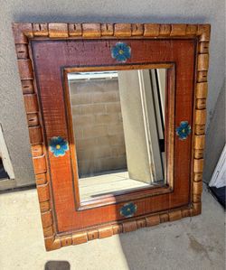 Vintage Wooden Wall Mirror with a Carved Hand Painted Frame