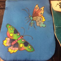Beautiful Detailed Butterfly Leather Wallet And Small Blue silk Bag