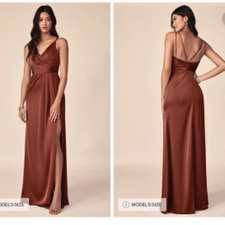 New With Tags Azazie Aqua Stretch Terracotta A-Line V-Neck Pleated Stretch Satin Dress