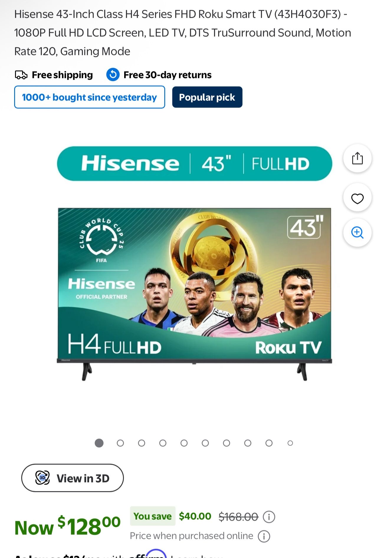Hisense 43-Inch Class H4 Series FHD Roku Smart TV (43H4030F3) - 1080P Full HD LCD Screen, LED TV, DTS TruSurround Sound, Motion Rate 120, Gaming Mode